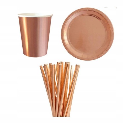 Zestaw kubki talerzyki słomki rose gold 37szt hit