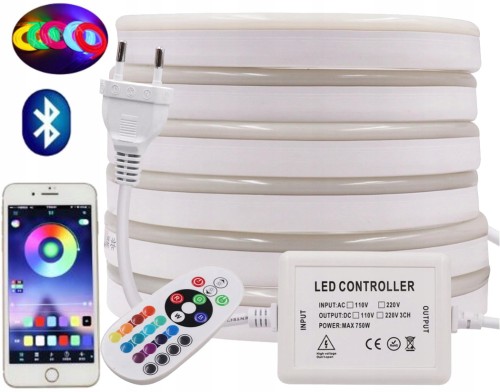 NEON LED RGB 230V ZESTAW 20m IP67 PILOT smartfon