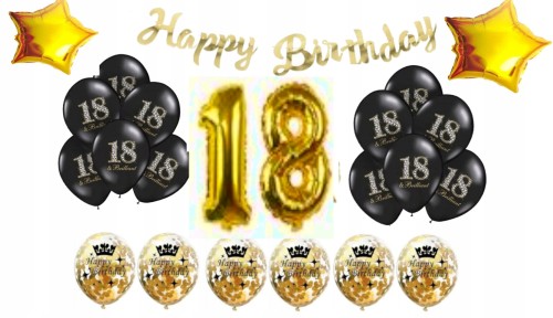 ZESTAW BALONY 18 URODZINY osiemnastka złoto czarne