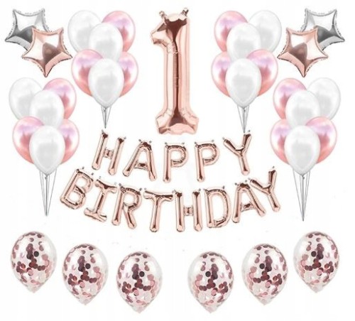 ZESTAW BALONY URODZINY 1 roczek pierwsze ROSE GOLD