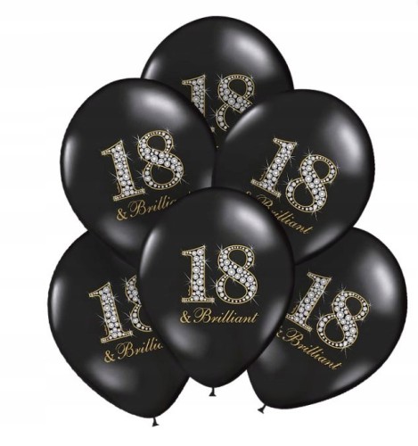 BALON gumowy urodzinowy czarny 18 osiemnastka 6szt
