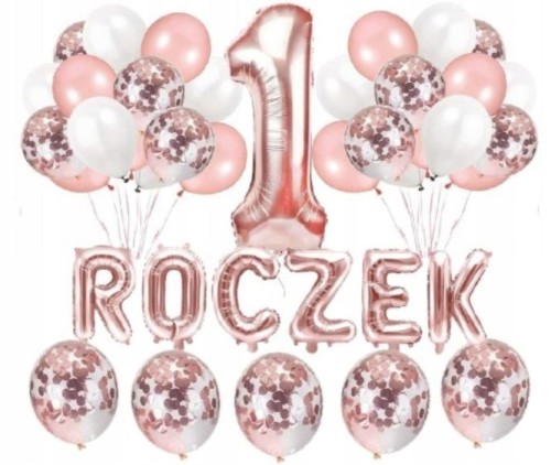 ZESTAW balonów na roczek dziewczynka rose gold 1