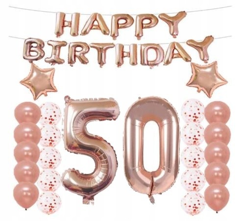 ZESTAW BALONY URODZINY 50 pięćdziesiąte ROSE GOLD