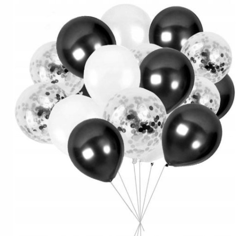 Balony duże metaliczne czarne konfetti białe 15szt