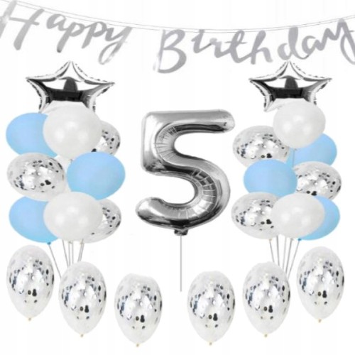 ZESTAW BALONY URODZINY 5 piąte srebrne 38szt dekor
