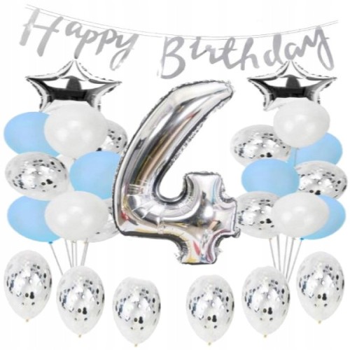 ZESTAW BALONY URODZINY 4 czwarte srebrne 38szt hit