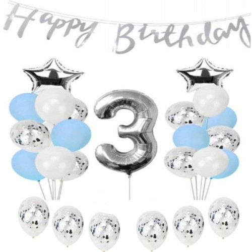 ZESTAW BALONY URODZINY 3 trzecie srebrne 38szt
