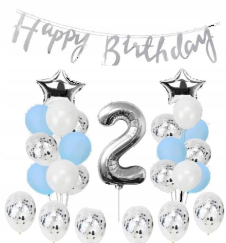 ZESTAW BALONY URODZINY 2 drugie srebrne 38szt hit