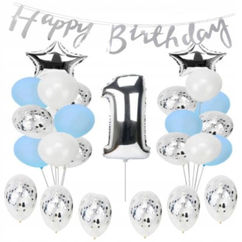 ZESTAW BALONY URODZINY 1 roczek srebrne 38szt hit