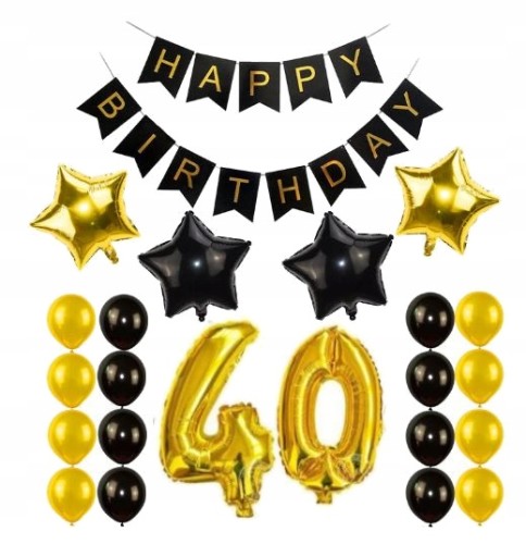 ZESTAW BALONY 40 URODZINY trzydzieste czarne złote