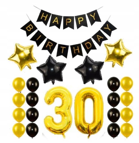 ZESTAW BALONY 30 URODZINY trzydzieste czarne złote