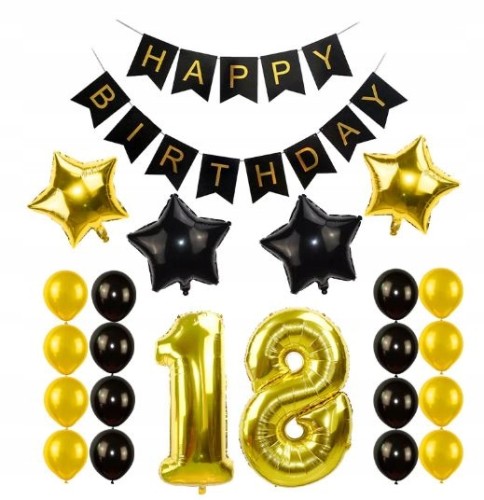 ZESTAW BALONY 18 URODZINY osiemnastka czarne złote