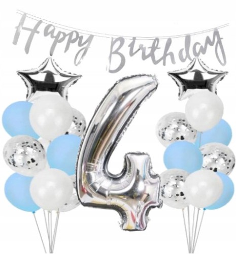 ZESTAW BALONY URODZINY 4 czwarte srebrne 32szt hit