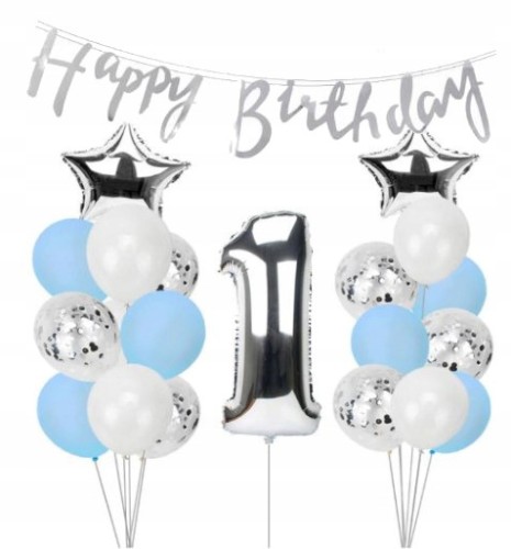 ZESTAW BALONY URODZINY 1 roczek srebrne 32szt hit