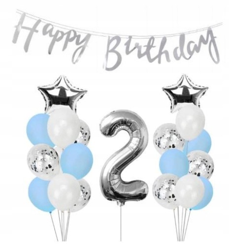 ZESTAW BALONY URODZINY 2 drugie srebrne 32szt hit