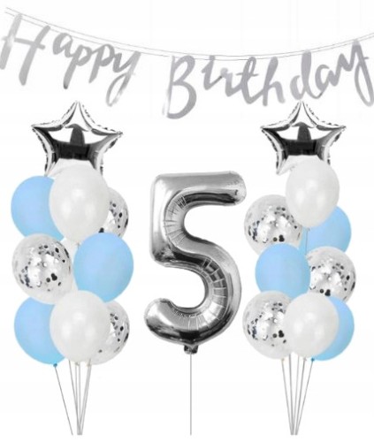 ZESTAW BALONY URODZINY 5 piąte srebrne 32szt dekor
