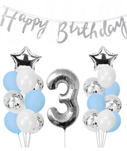 ZESTAW BALONY URODZINY 3 trzecie srebrne 32szt