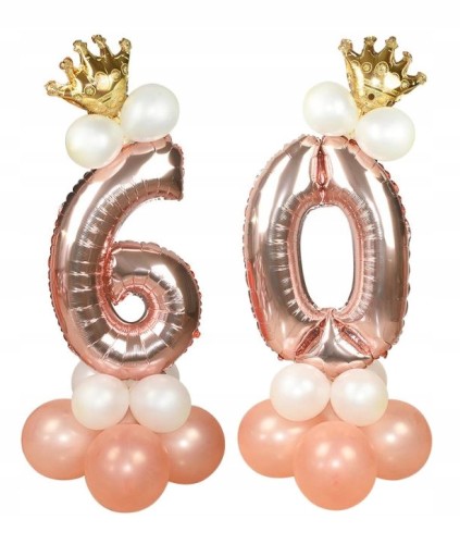 ZESTAW BALONÓW URODZINY cyfra 60 rose gold korona