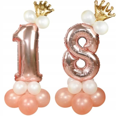 ZESTAW BALONÓW URODZINY cyfra 18 rose gold korona