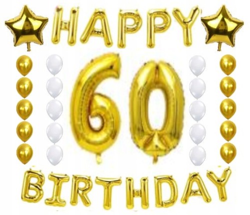 ZESTAW BALONY URODZINY 60 sześćdziesiątka złoto 28