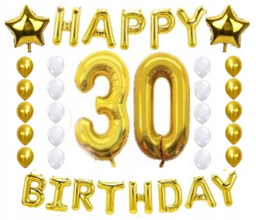 ZESTAW BALONY URODZINY 30 trzydziestka złoto 28szt