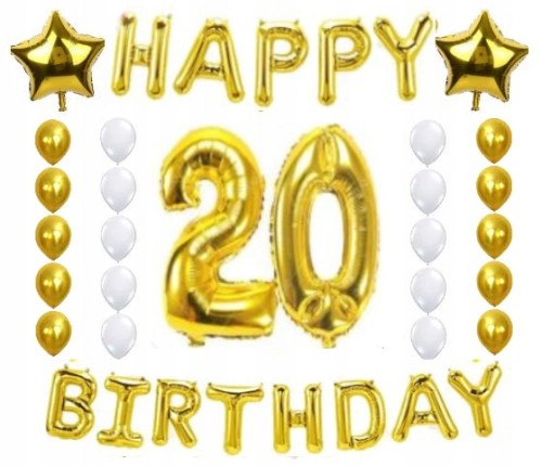 ZESTAW BALONY URODZINY 20 dwudzieste złoto 28szt