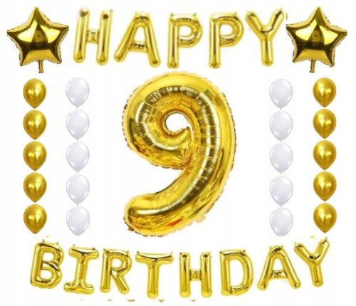 ZESTAW BALONY URODZINY 9 dziewiąte złoto 28szt