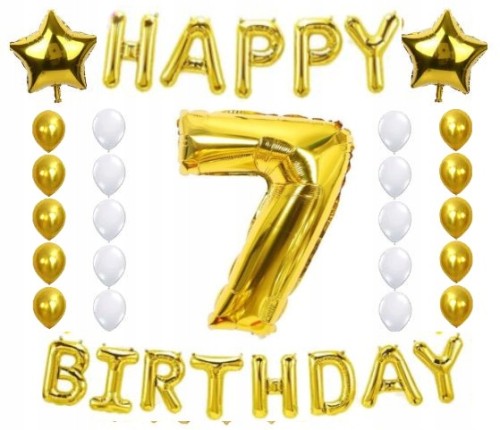 ZESTAW BALONY URODZINY 7 siódme złoto białe 28szt