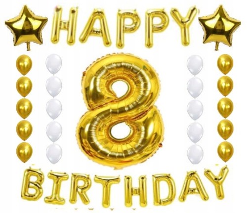 ZESTAW BALONY URODZINY 8 ósme złoto białe 28szt