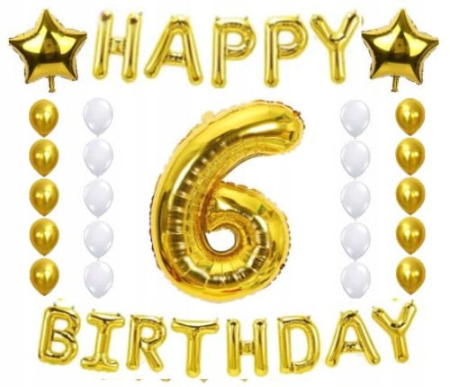 ZESTAW BALONY URODZINY 6 szóste złoto białe 28szt