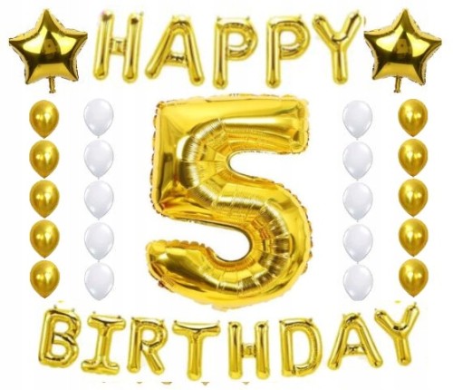 ZESTAW BALONY URODZINY 5 piąte złoto białe 28szt