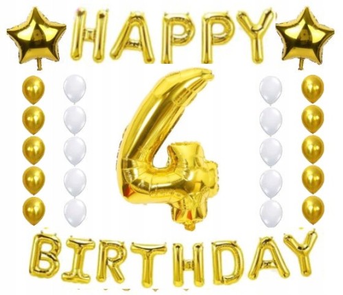 ZESTAW BALONY URODZINY 4 czwarte złoto białe 28szt