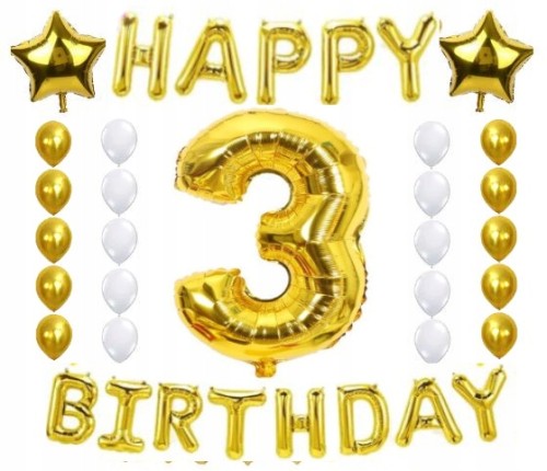 ZESTAW BALONY URODZINY 3 trzecie złoto białe 28szt
