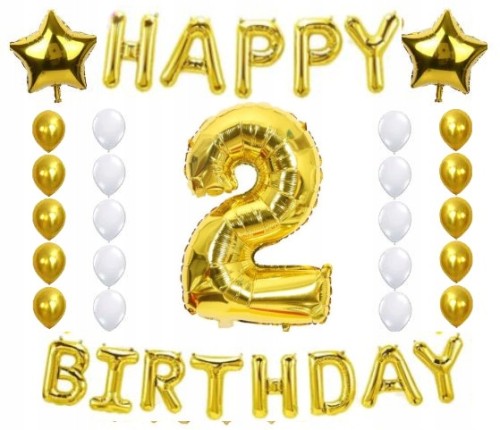 ZESTAW BALONY URODZINY 2 dwa złoto białe 28 szt