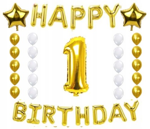 ZESTAW BALONY URODZINY 1 roczek złoto białe 28 szt