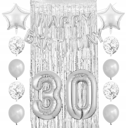 srebrny ZESTAW BALONY 30 URODZINY trzydziestka 26s