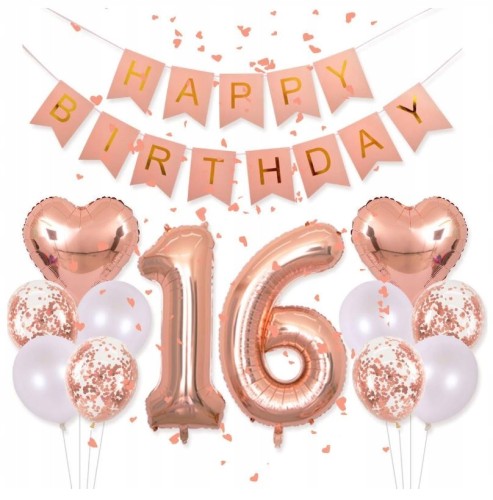 BALONY URODZINY 16 szesnaste ROSE GOLD serce