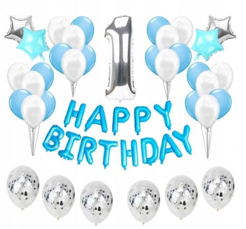 ZESTAW BALONY URODZINY 1 roczek niebieskie 48 szt