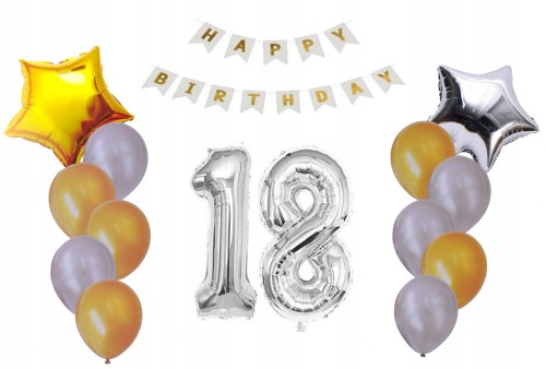 ZESTAW BALONY 18 URODZINY osiemnastka srebro złoto