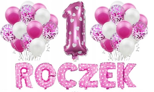 ZESTAW BALONÓW 1 urodziny ROCZEK dziewczynka 35szt