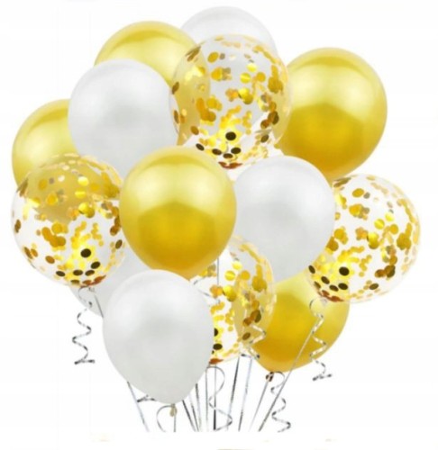 Balony zestaw żółte bezbarwne konfetti złote 30szt