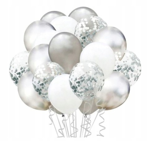 Zestaw duże balony z konfetti srebrne shiny 20 szt