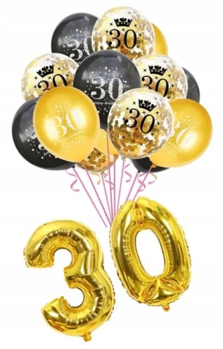 BALONY na 30 URODZINY trzydziestka złote czarne