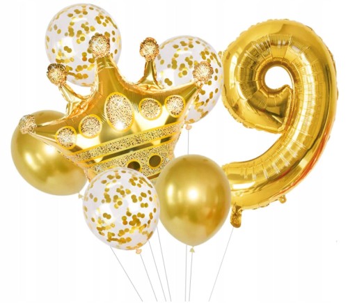 Balony konfetti złote korona dziewiąte 9 urodziny