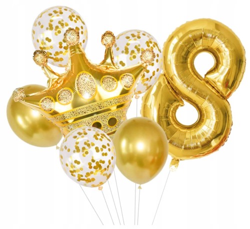 Balony z konfetti złote korona ósme 8 urodziny