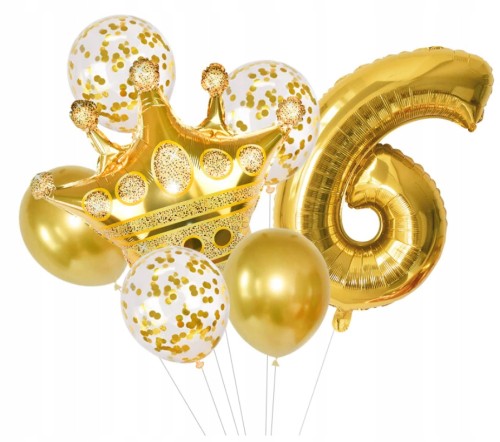 Balony z konfetti złote korona szóste 6 urodziny