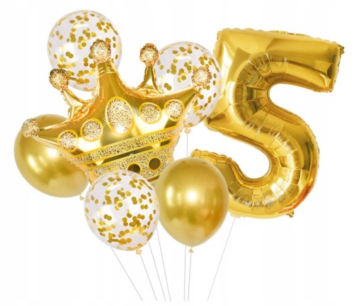 Balony z konfetti złote korona piąte 5 urodziny