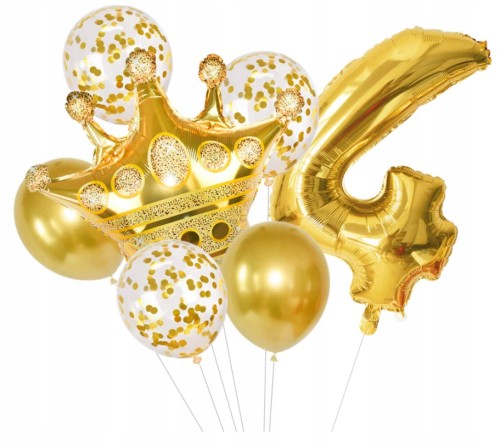 Balony z konfetti złote korona czwarte 4 urodziny
