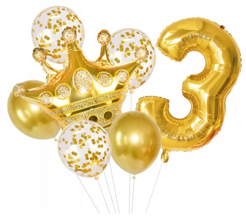 Balony z konfetti złote korona trzecie 3 urodziny