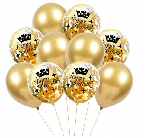 Duże balony z konfetti złote happy chrom 10sz 34cm